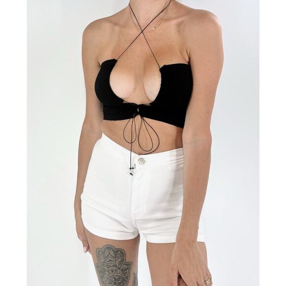 Shein Tops - Women’s Black Ribbed Tie Strappy Tank with Pearl String Size Small